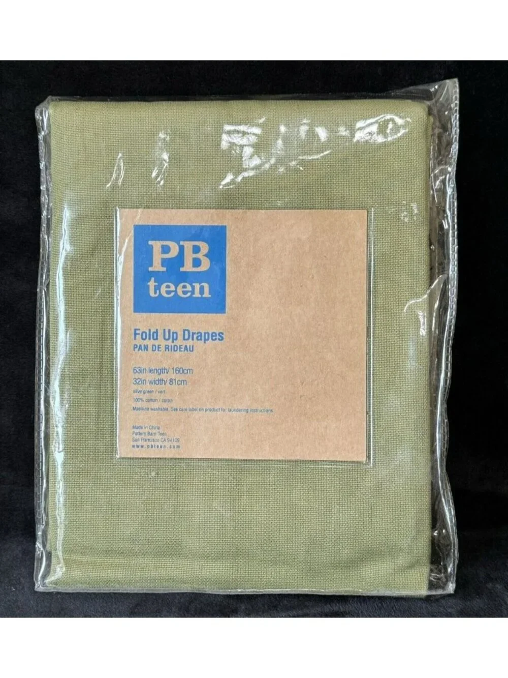 Pair of New PB Teen Fold Up Drapes Olive Green Beige 32x63 each Pottery Barn